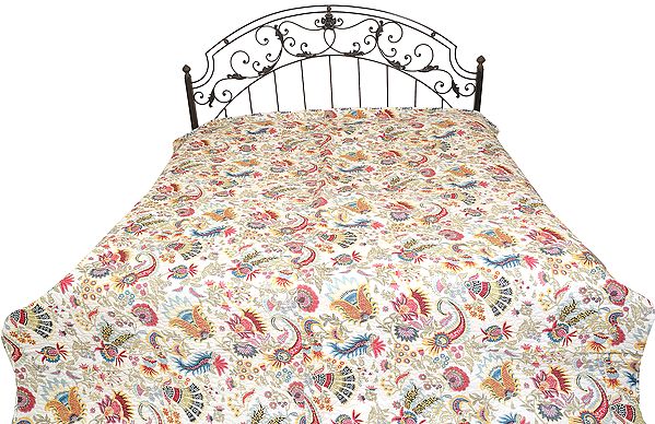 Egret-White Floral Printed Bedcover from Jodhpur with Kantha Stitch All-Over