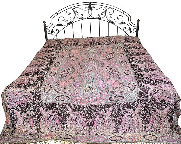 Black and Purple Reversible Jamawar Bedspread from Amritsar with Woven Paisleys
