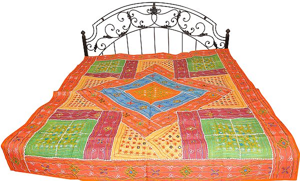Multicolor Bedspread from Kutch with Patchwork and Embroidered Mirrors