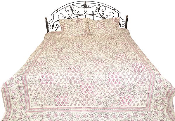 White and Pink Bedcover from Jodhpur with Block-Printed Flowers