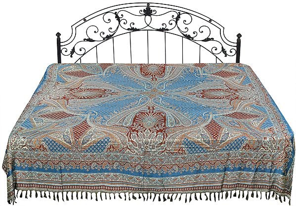 Bluejay Reversible Jamawar Bedspread from Amritsar with Woven Paisleys