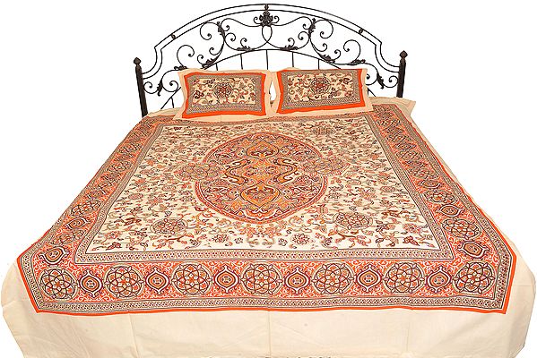 Cream and Orange Bedspread from Pilkhuwa with Floral Print