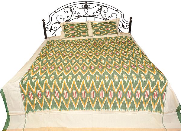Comfrey-Green Bedspread from Pochampally with Ikat Weave