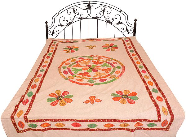 Rugby-Tan Stonewashed Single-Bed Bedspread from Jaipur with Applique Flowers and Mirrors