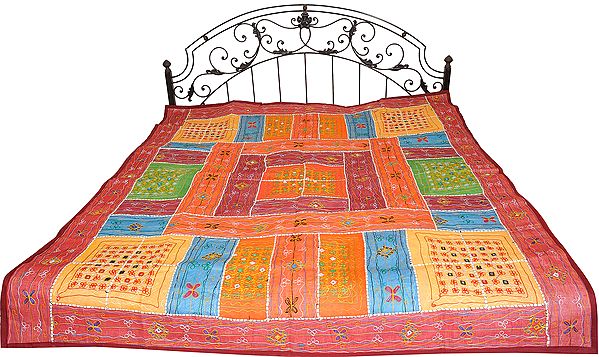 Multicolor Bedspread from Kutch with Embroidered Mirrors and Patchwork