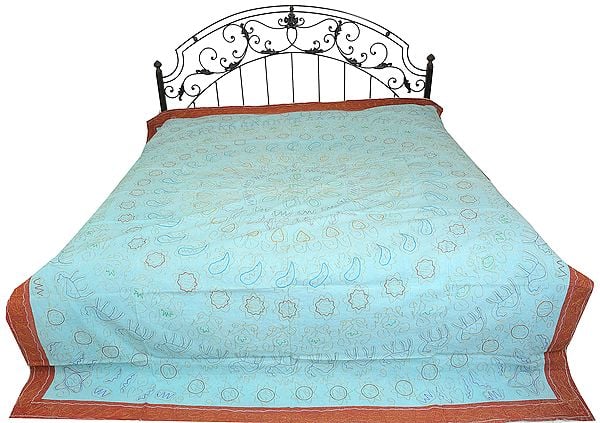 Tint-Blue Stonewashed Bedspread from Jaipur with Zari-Embroidery