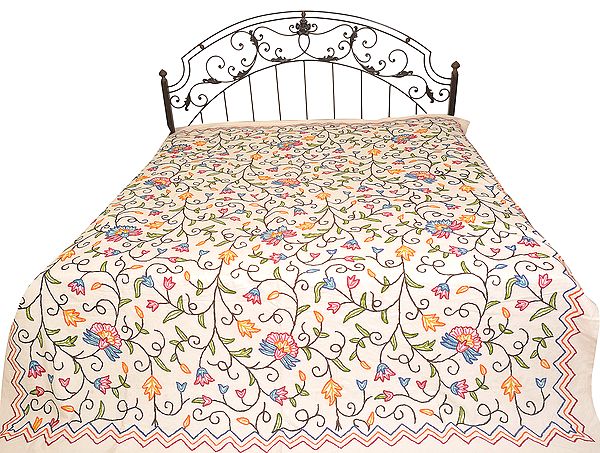 Off-White Bedspread from Kashmir with Ari-Embroidery All-Over