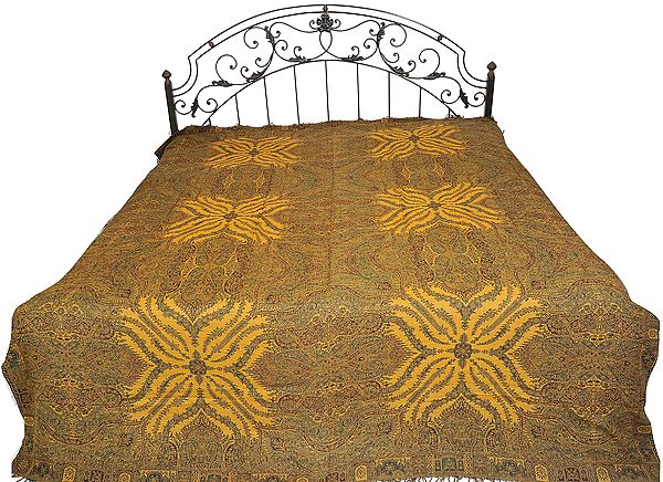 Green and Mustard Reversible Jamawar Bedspread from Amritsar with All-Over Weave