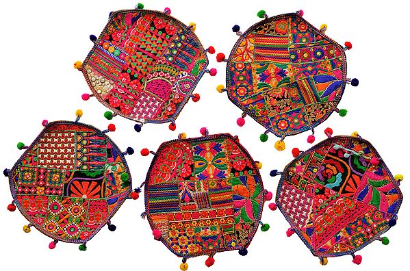 Multicolor Five-Piece Embroidered Dinner Set from Kutch with Mirrors