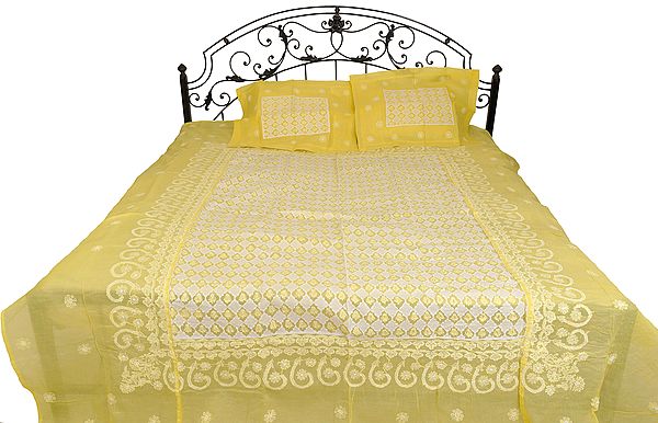Yellow-Cream Bedspread from Lucknow with Chikan Hand-Embroidery and Applique-work