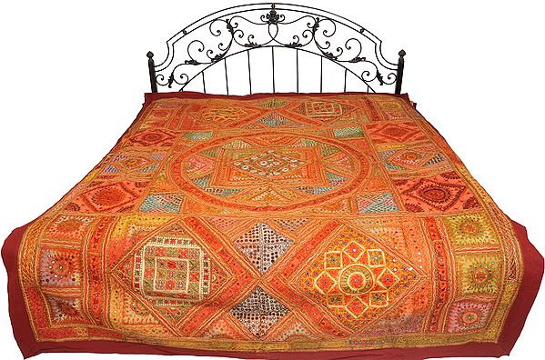 Multicolor Antiquated Bedspread from Kutch with Mirrors and Embroidered Giant Mandala