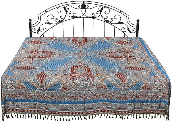 Horizon-Blue Reversible Jamawar Bedspread from Amritsar with Woven Paisleys