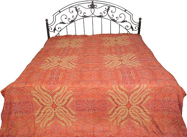 Tomato-Puree Reversible Jamawar Bedspread from Amritsar with Woven Paisleys