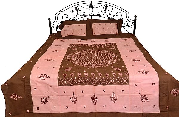 Brown and Pink Lukhnavi Chikan Bedspread with Floral Hand-Embroidery