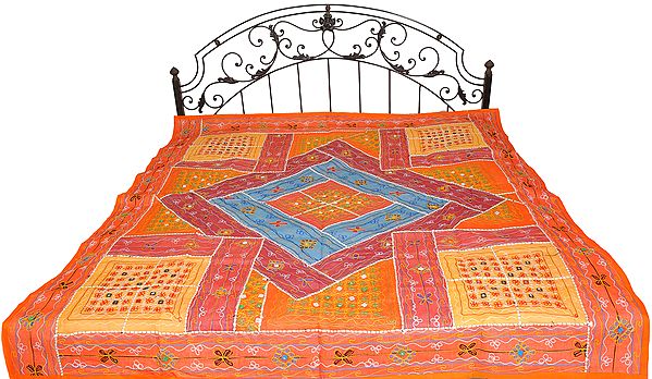 Orange Bedspread from Kutch with Embroidered Mirrors and Patchwork