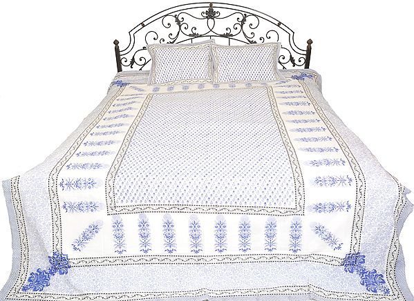 Bright-White Floral Print Bedsheet from Jaipur