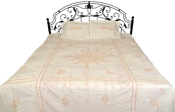 White Bedspread from Lucknow with Chikan Embroidery by Hand