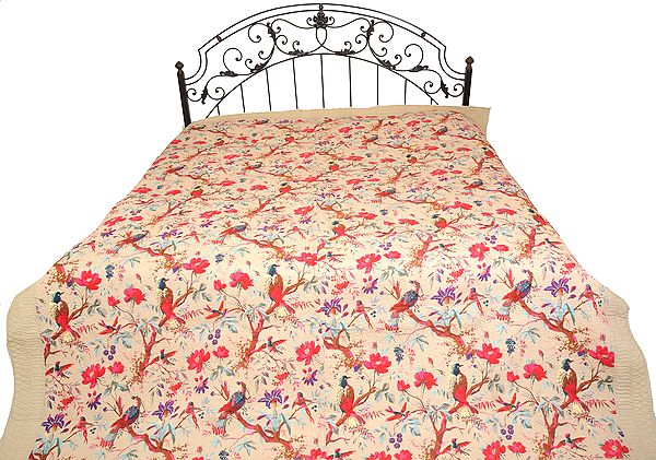 Shifting-Sand Jaipuri Comforter with Printed Sparrows and Kantha Stitch