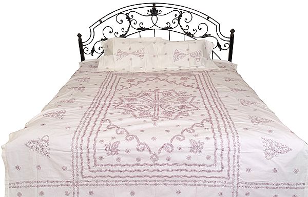 Snow-White Bedspread from Lucknow with Chikan Embroidery by Hand
