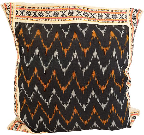 Black and Cream Cushion Cover from Hyderabad with Ikat Weave