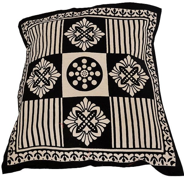 Ivory and Black Cushion Cover from Pilkhuwa with Printed Flowers and Stripes