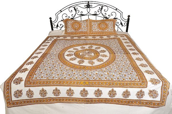 Bright-White Bedsheet from Pilkhuwa with Floral Print and Chakra