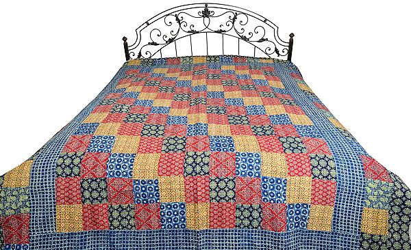 Multicolored Floral Printed Bedcover from Jodhpur with Patch-work All-Over and Kantha Straight Stitch