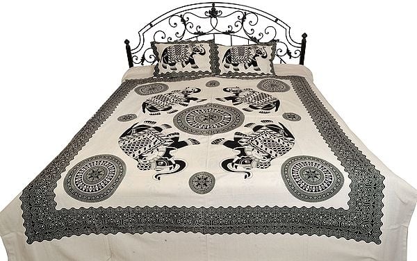 White and Black Bedsheet with Printed Elephants and Chakras