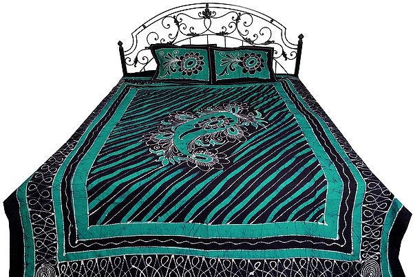 Green and Black Batik-Dyed Bedsheet with Printed Floral Paisley and Stripes