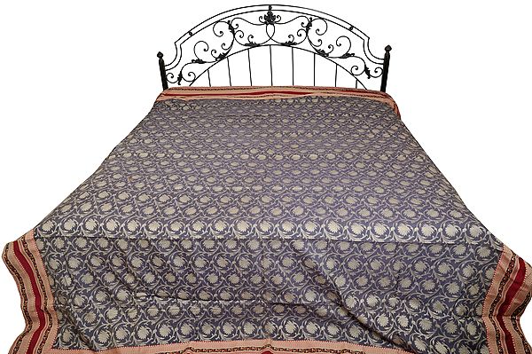 Excalibur-Gray Bedspread from Banaras with All-Over Woven Lotuses and Wide Patch Border