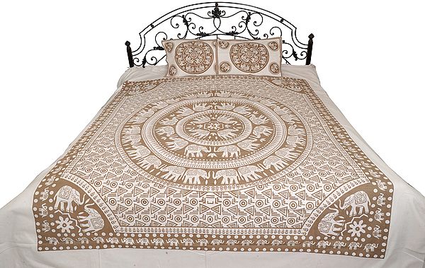Bedsheet from Pilkhuwa with Printed Chakravhuh of Elephants