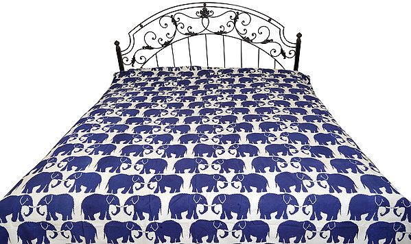 White and Blue Bedsheet from Jodhpur with Printed Elephant Pairs All-Over and Kantha Stitch
