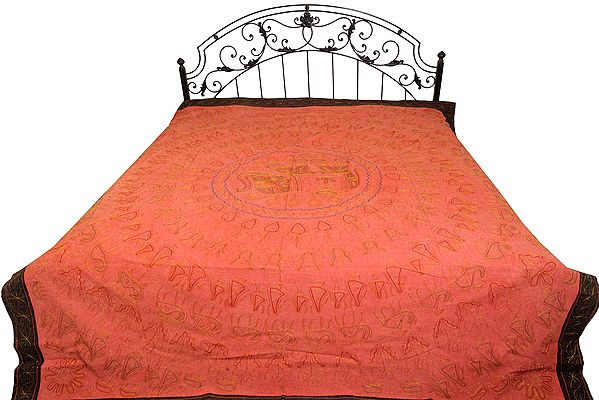 Spiced-Coral Stonewashed Bedspread from Jaipur with All-Over Embroidery in Zari-Thread