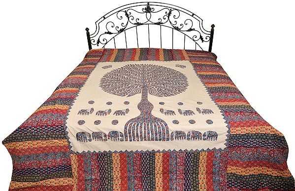 Multicolored Kantha Stitched Bedcover from Jodhpur with Applique Tree of Life