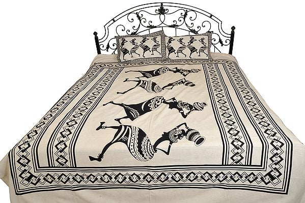 White and Black Bedsheet with Folk Print