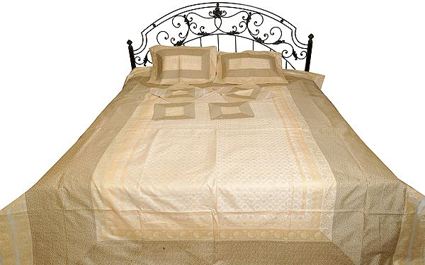 Ivory Seven-Piece Brocaded Bedspread from Banaras with Tanchoi Weave