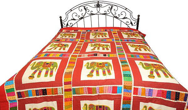Cowhide-Red Bedcover from Jodhpur with Applique Elephants and Kantha Stitch