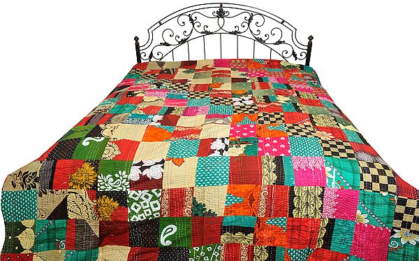 Multicolor Patched Bedcover from Jodhpur with Floral-Print and Kantha Straight Stitch