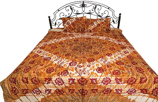 Honey-Yellow Batik-Dyed Bedspread from Pilkhuwa with Printed Flowers