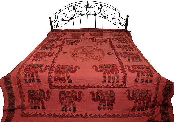 Dusty-Cedar Bedspread from Jodhpur with Applique OM (AUM) and Elephants