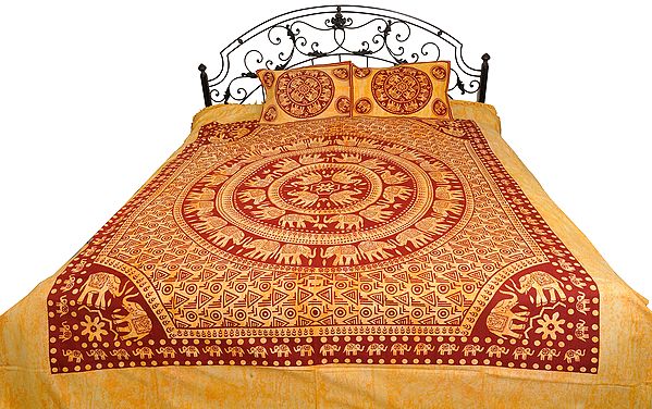 Batik-Dyed Bedsheet from Pilkhuwa with Printed Mandala of Elephants