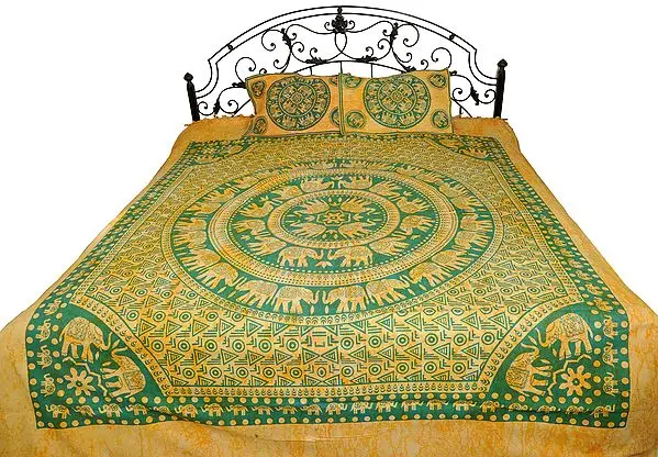 Batik-Dyed Bedsheet from Pilkhuwa with Printed Mandala of Elephants
