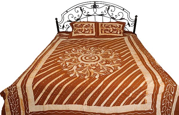 Carob-Brown Batik-Dyed Bedsheet with Floral-Motif and Stripes