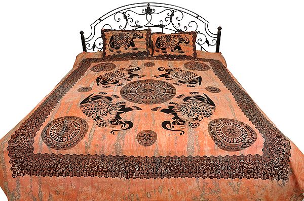 Coral-Sands Batik-Dyed Bedsheet with Printed Elephants and Chakras