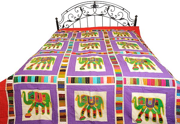 Ultra-Violet Bedcover from Jodhpur with Applique Elephants and Kantha Stitch