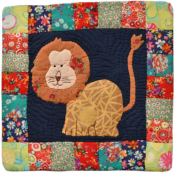 Multicolor Printed Cushion Cover from Dehradun with Applique Lion and Kantha Stitch Embroidery