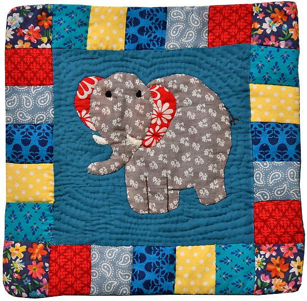 Blue Cushion Cover from Dehradun with Applique Elephant and Kantha Stitch
