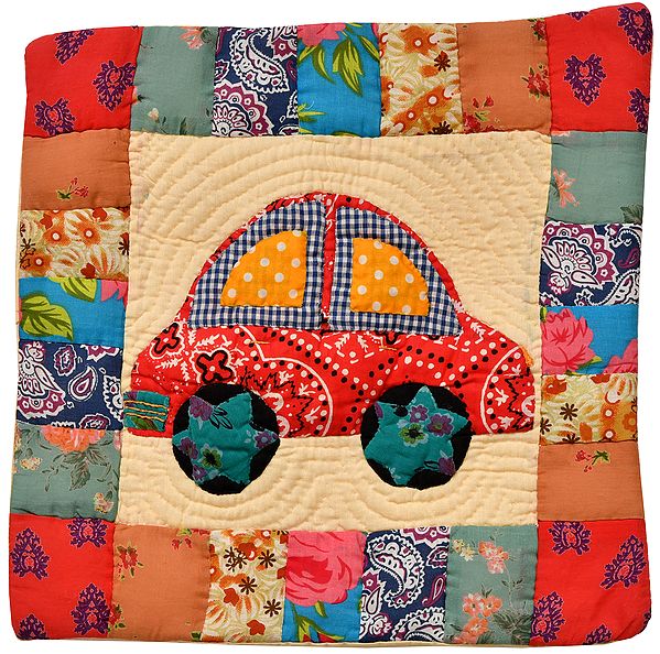 Multicolor Printed Patchwork Cushion Cover from Dehradun with Applique Car