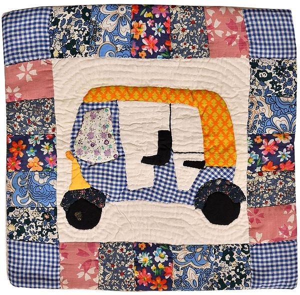 Multicolor Printed Patchwork Cushion Cover from Dehradun with Applique Auto Rickshaw