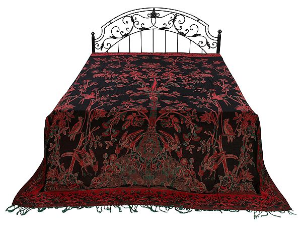 Reversible Jamawar Bedspread with Woven Tree of Life